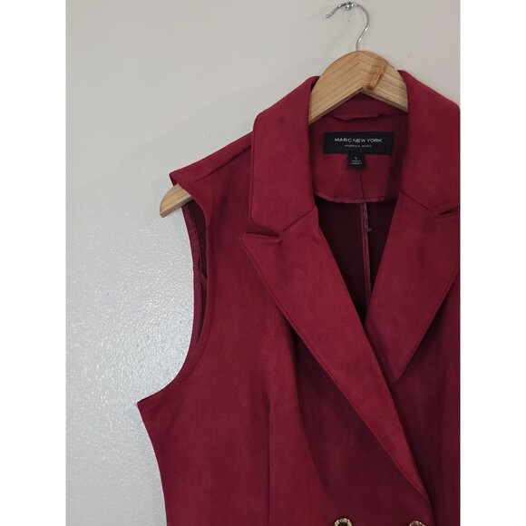 Marc New York Red Suade Longline Trench Jacket Vest Size Large Gold Button - Picture 3 of 10
